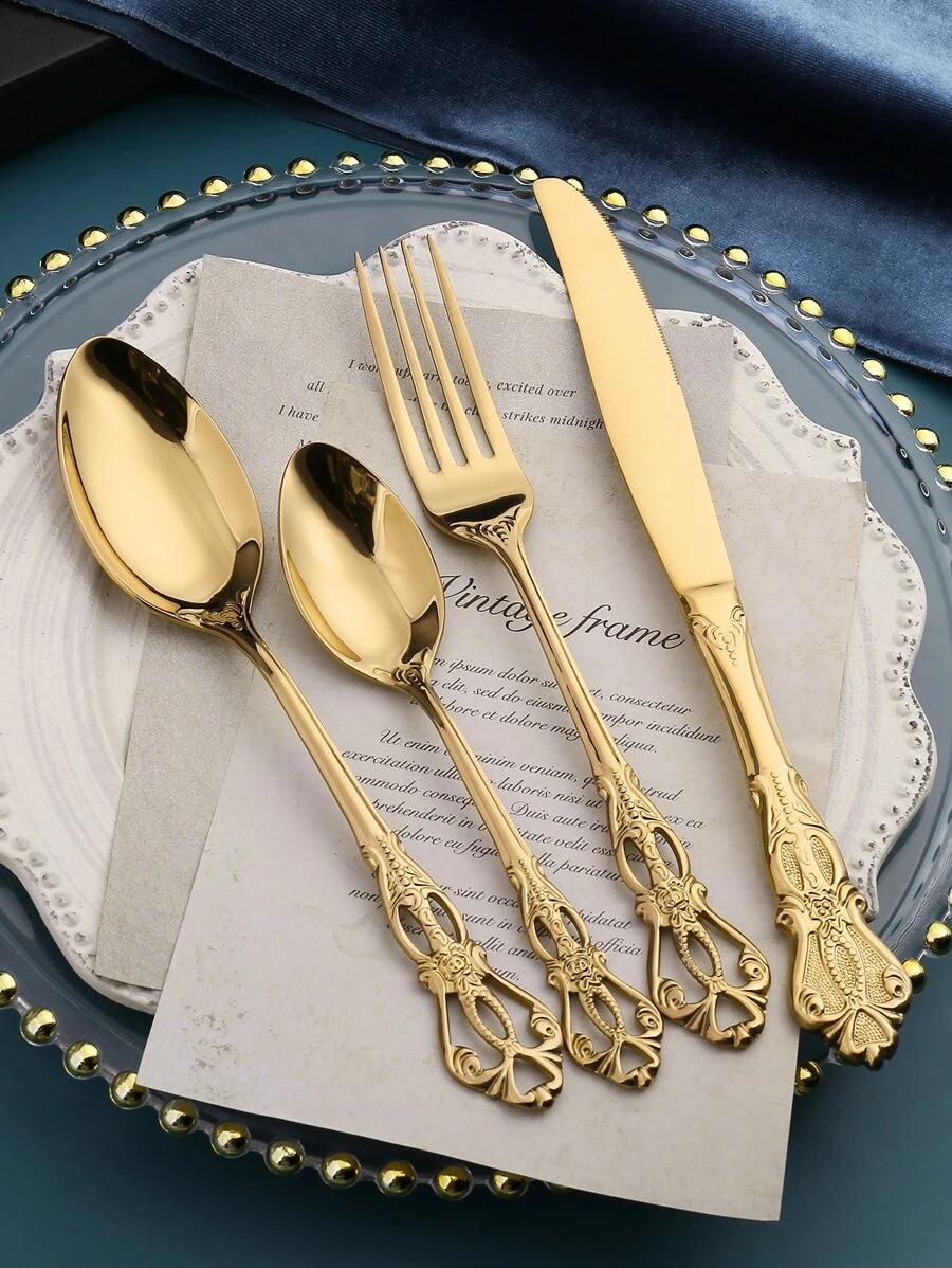 Bộ 4 dao kéo bằng thép không gỉ rỗng, Bộ đồ ăn bằng vàng phong cách cung điện Châu Âu dùng cho phòng ăn, nhà bếp, quà tặng Giáng sinh