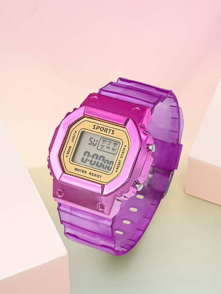 1pc Kids Purple PVC Strap Sporty Square Dial Digital Watch, For Daily Life - Purple - View 1