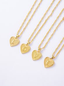 字母設計心形吊墜項鍊 - 金黃色 - 查看 4