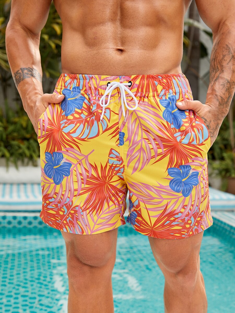 Manfinity 男士熱帶圖案腰部抽繩泳褲 - 黃色 - 查看 1