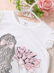 SHEIN Tween Girl Figure Graphic Ruffle Trim Tee & Mesh Overlay Skirt - Multicolor - View 3