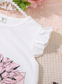 SHEIN Tween Girl Figure Graphic Ruffle Trim Tee & Mesh Overlay Skirt - Multicolor - View 4