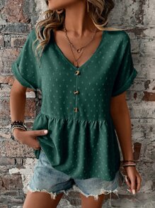 SHEIN LUNE Áo sơ mi nữ Nút Viên lá sen màu trơn Giải trí - Màu xanh lá cây đậm - Xem 1