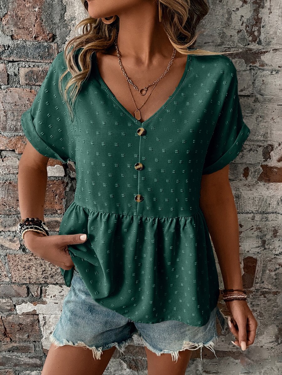 SHEIN LUNE Áo sơ mi nữ Nút Viên lá sen màu trơn Giải trí - Màu xanh lá cây đậm - Xem 1