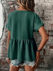 SHEIN LUNE Áo sơ mi nữ Nút Viên lá sen màu trơn Giải trí - Màu xanh lá cây đậm - Xem 2