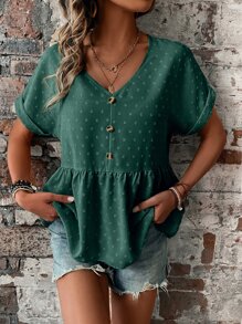 SHEIN LUNE Áo sơ mi nữ Nút Viên lá sen màu trơn Giải trí - Màu xanh lá cây đậm - Xem 4