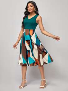 SHEIN Clasi 幾何印花A字連衣裙 - 墨綠色 - 查看 3