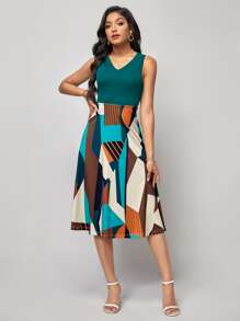 SHEIN Clasi 幾何印花A字連衣裙 - 墨綠色 - 查看 5