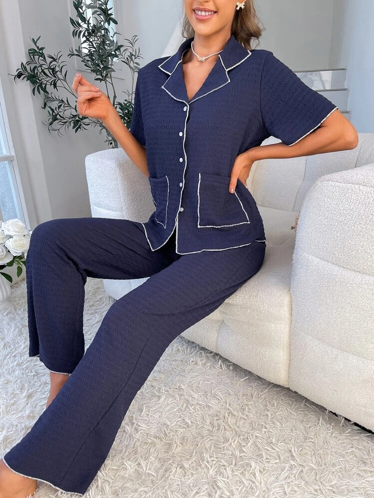 Contrast Piping Button Front Shirt & Pants Lounge Set - Navy Blue - View 5