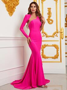 Asymmetrical Neck Floor Length Formal Dress - Hot Pink - View 1