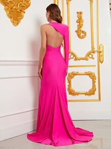 Asymmetrical Neck Floor Length Formal Dress - Hot Pink - View 2