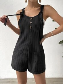 Chiquease 前紐扣雙口袋背帶連體短褲 - 黑色 - 查看 1