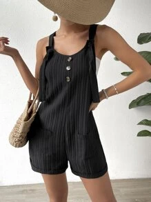 Chiquease 前紐扣雙口袋背帶連體短褲 - 黑色 - 查看 6