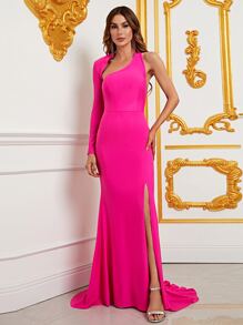 Asymmetrical Neck Floor Length Formal Dress - Hot Pink - View 6