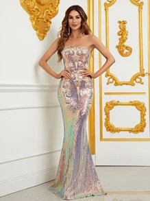 魚尾裙下擺亮片抹胸正式連衣裙 - 香檳色 - 查看 4