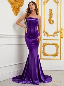 魚尾裙下擺絲絨抹胸正式洋裝 - 紫色 - 查看 6