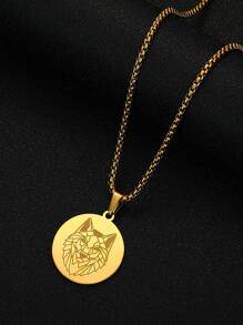 Hombres Collar lobo colgante de redondo - Amarillo Oro - Ver 2