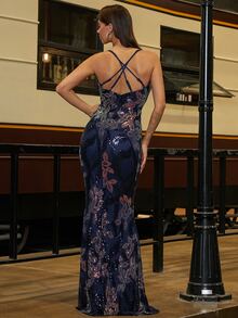 Missord Sequin Decor Mermaid Hem Cami Formal Dress - Royal Blue - View 2