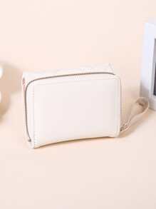 绗缝图案小钱包三折纯色便携现金白领女性大学工作商务通勤办公室周年纪念情侣生日礼物情人节礼物心形钱包商务休闲 - 米色 - 查看 3