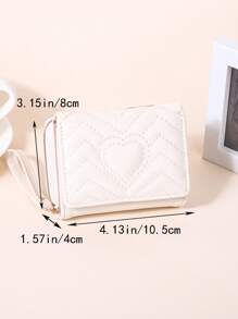 绗缝图案小钱包三折纯色便携现金白领女性大学工作商务通勤办公室周年纪念情侣生日礼物情人节礼物心形钱包商务休闲 - 米色 - 查看 4