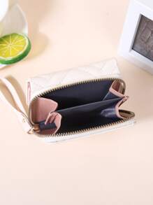 绗缝图案小钱包三折纯色便携现金白领女性大学工作商务通勤办公室周年纪念情侣生日礼物情人节礼物心形钱包商务休闲 - 米色 - 查看 7