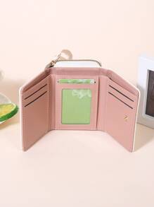 绗缝图案小钱包三折纯色便携现金白领女性大学工作商务通勤办公室周年纪念情侣生日礼物情人节礼物心形钱包商务休闲 - 米色 - 查看 9