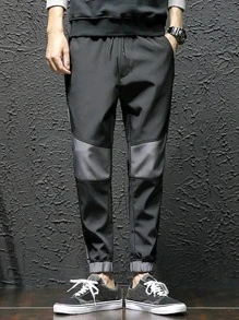 Men Contrast Panel Drawstring Waist Trousers - Black - View 3