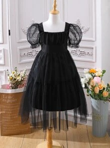 SHEIN Chicas Vestido de cuello cuadrado pecho con fruncido de manga farol - Negro - Ver 1