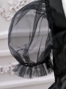 SHEIN Chicas Vestido de cuello cuadrado pecho con fruncido de manga farol - Negro - Ver 4