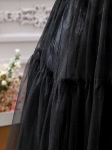 SHEIN Chicas Vestido de cuello cuadrado pecho con fruncido de manga farol - Negro - Ver 5