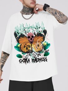 ROMWE MEN Guys Butterfly & Letter Graphic Drop Shoulder Tee - White - View 7