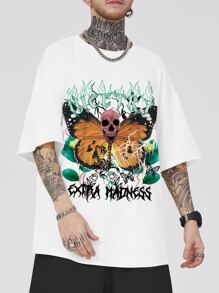 ROMWE MEN Guys Butterfly & Letter Graphic Drop Shoulder Tee - White - View 6