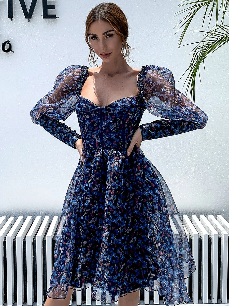Missord Sweetheart Neck Gigot Sleeve Butterfly Print Mesh Dress - Navy Blue - View 1