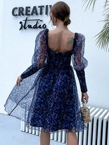 Missord Sweetheart Neck Gigot Sleeve Butterfly Print Mesh Dress - Navy Blue - View 2