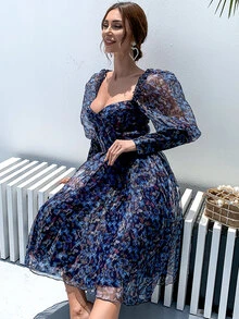 Missord Sweetheart Neck Gigot Sleeve Butterfly Print Mesh Dress - Navy Blue - View 4