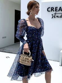 Missord Sweetheart Neck Gigot Sleeve Butterfly Print Mesh Dress - Navy Blue - View 5