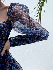 Missord Sweetheart Neck Gigot Sleeve Butterfly Print Mesh Dress - Navy Blue - View 6