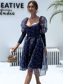 Missord Sweetheart Neck Gigot Sleeve Butterfly Print Mesh Dress - Navy Blue - View 7