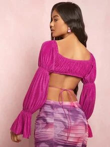 SHEIN BAE Tie Backless Flounce Sleeve Crop Top - Hot Pink - View 2