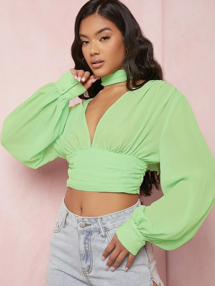 SHEIN BAE Áo sơ mi nữ Nút Cắt ra Xù Buộc lại màu trơn Giải trí - Màu xanh chanh - Xem 1