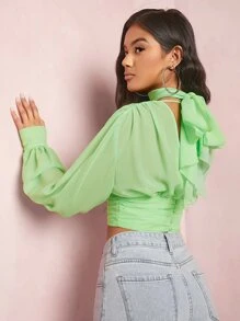 SHEIN BAE Áo sơ mi nữ Nút Cắt ra Xù Buộc lại màu trơn Giải trí - Màu xanh chanh - Xem 2