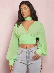 SHEIN BAE Áo sơ mi nữ Nút Cắt ra Xù Buộc lại màu trơn Giải trí - Màu xanh chanh - Xem 3