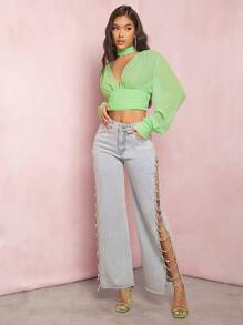SHEIN BAE Áo sơ mi nữ Nút Cắt ra Xù Buộc lại màu trơn Giải trí - Màu xanh chanh - Xem 4