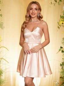 ANGEL FASHIONS Solid Lace Up Back Satin Cami Dress - Pink - View 4