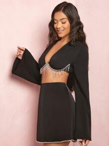 SHEIN BAE Rhinestone Fringe Trim Crop Top - Black - View 5