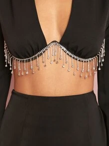 SHEIN BAE Rhinestone Fringe Trim Crop Top - Black - View 3