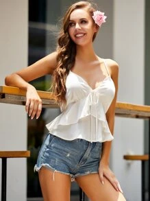 S BETRO Tie Front Ruffle Trim Cami Top - White - View 1