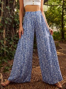 S BETRO Allover Plants Print Wide Leg Trousers - Blue and White - View 2