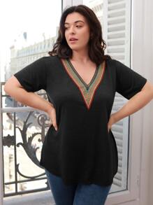 SHEIN LUNE Plus Contrast Tape Tee - Black - View 3