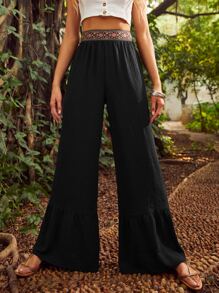 S BETRO Pantalones de pierna ancha en contraste geométrico cinta bajo con fruncido